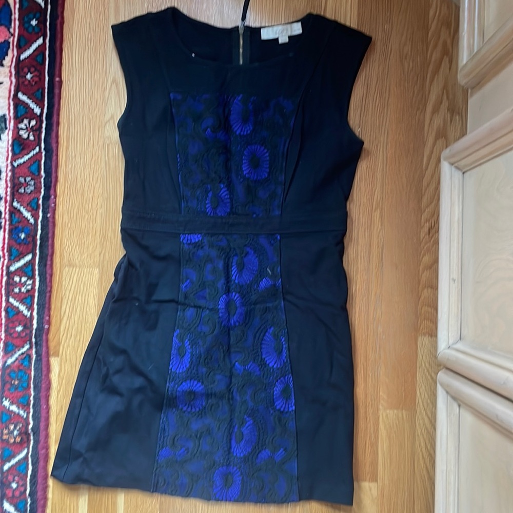 Loft work or party dress with cobalt fabric under front lace detail!